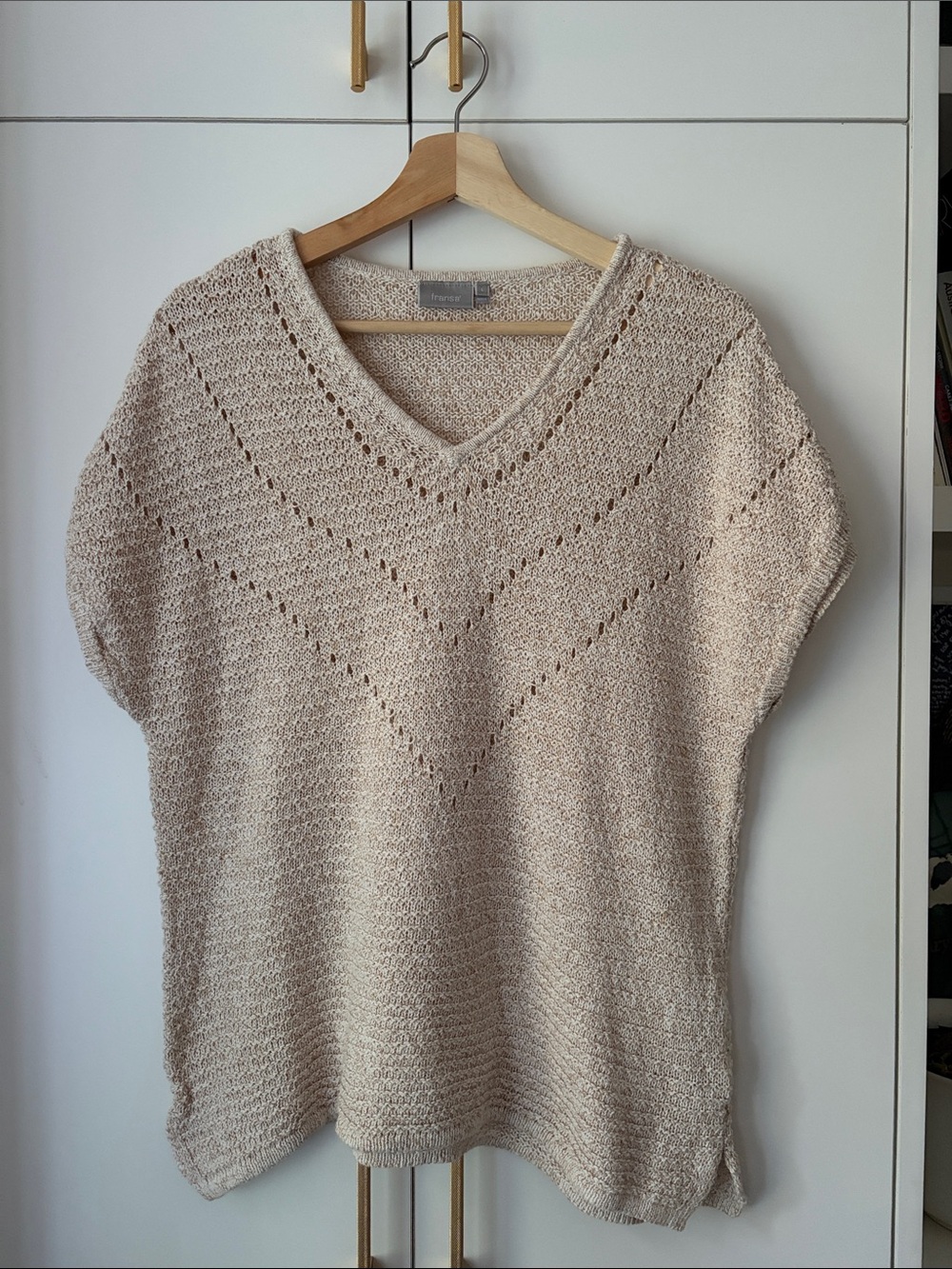 Women’s V-Neck Openwork Knit Sweater - Light Beige | L (12)